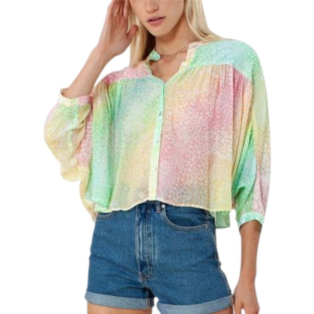Hale Bob Colorful Sheer Cheetah Print Dolman Sleeve Blouse XS NWT